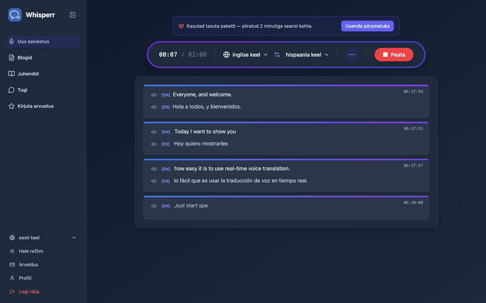 Live transcription and translation appearing on screen with Speech Mode on