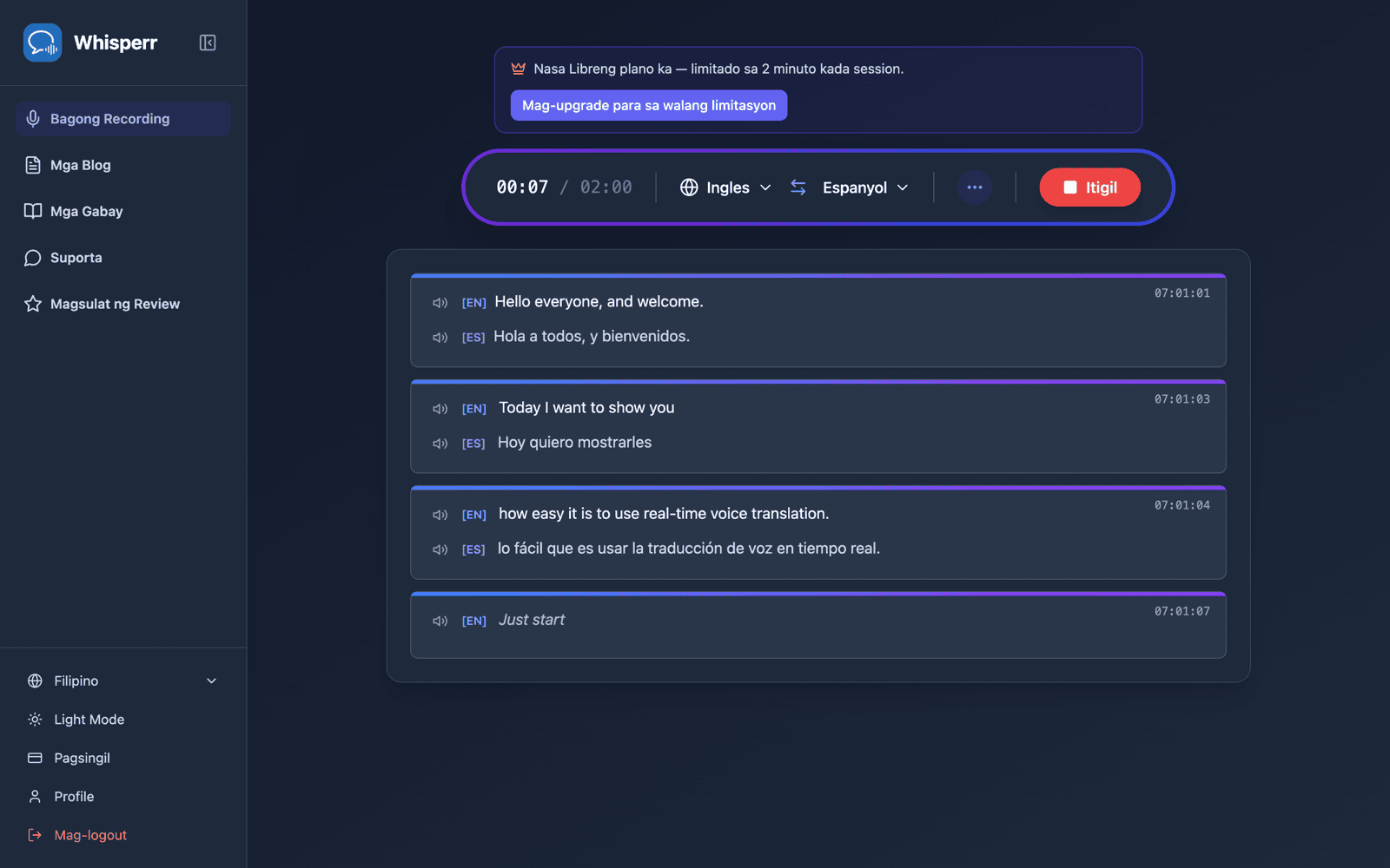 Live transcription and translation appearing on screen with Speech Mode on