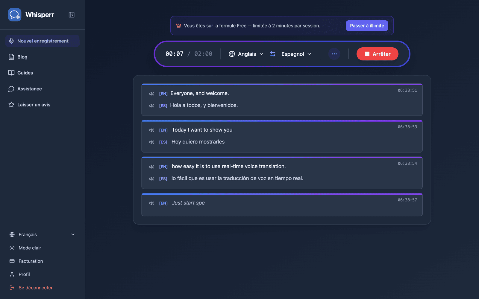 Live transcription and translation appearing on screen with Speech Mode on