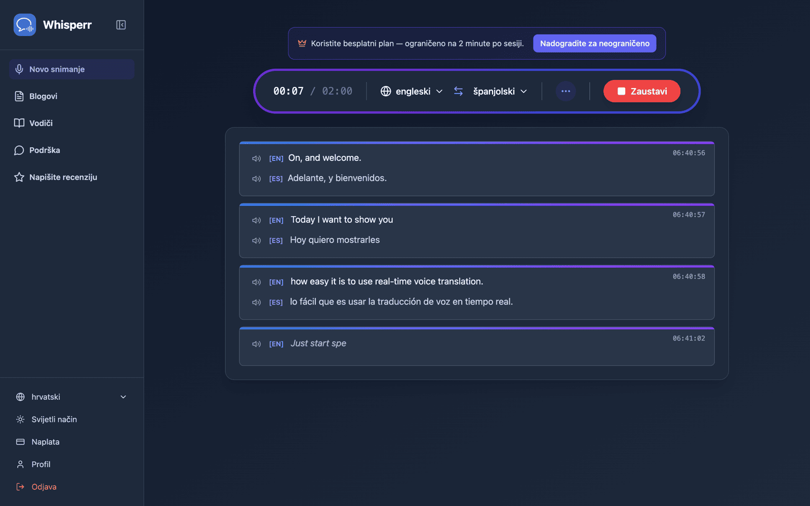 Live transcription and translation appearing on screen with Speech Mode on