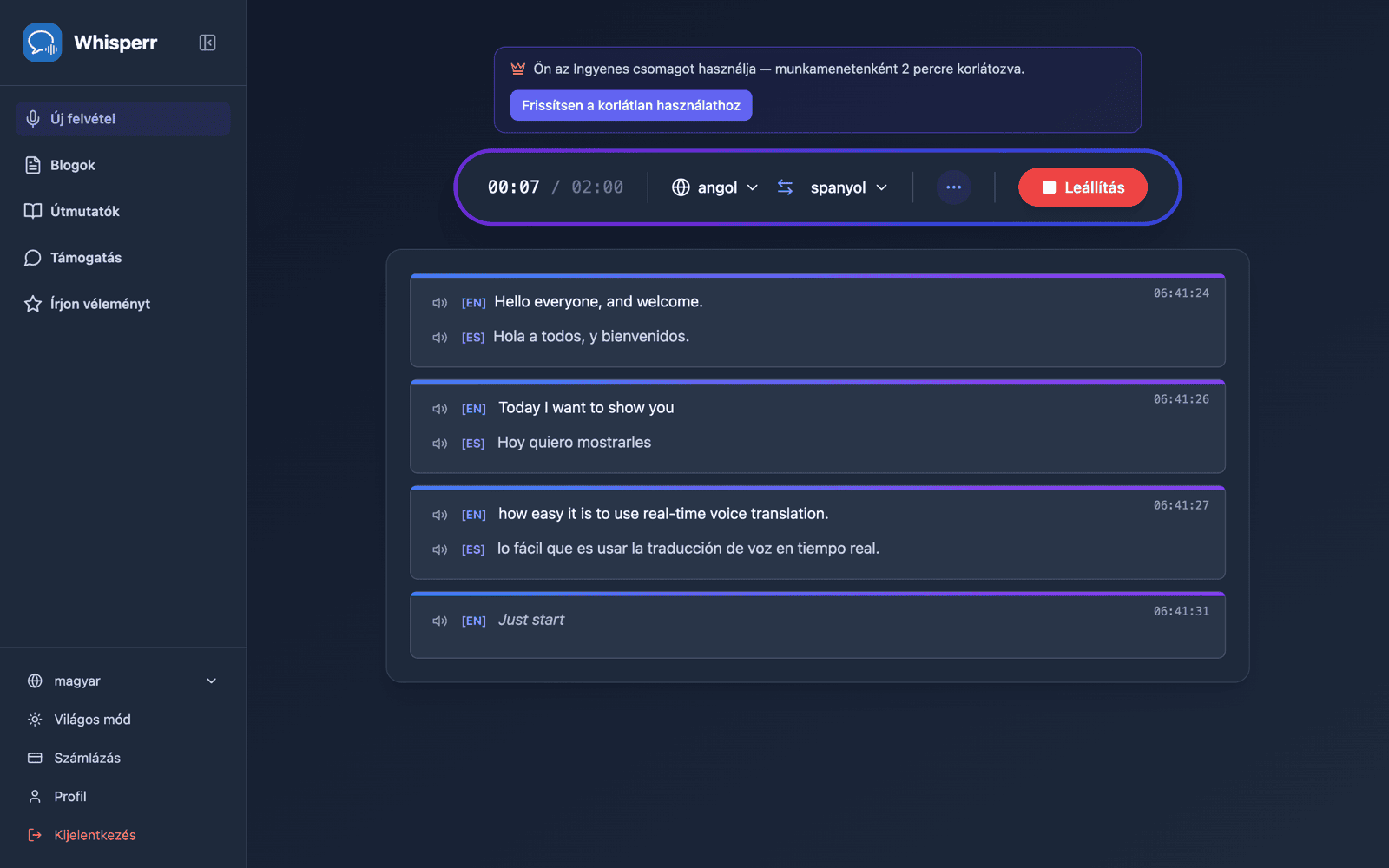 Live transcription and translation appearing on screen with Speech Mode on