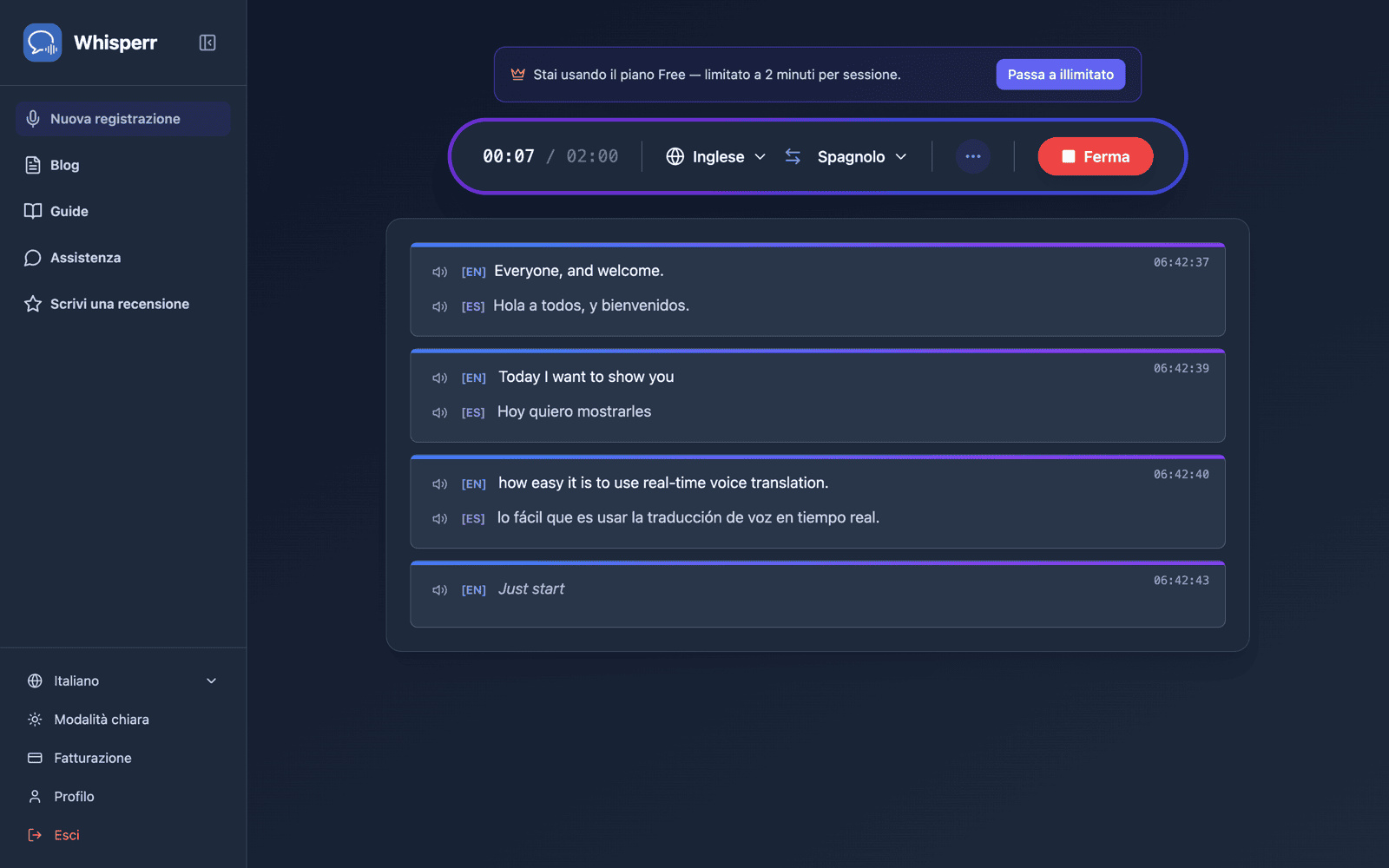 Live transcription and translation appearing on screen with Speech Mode on