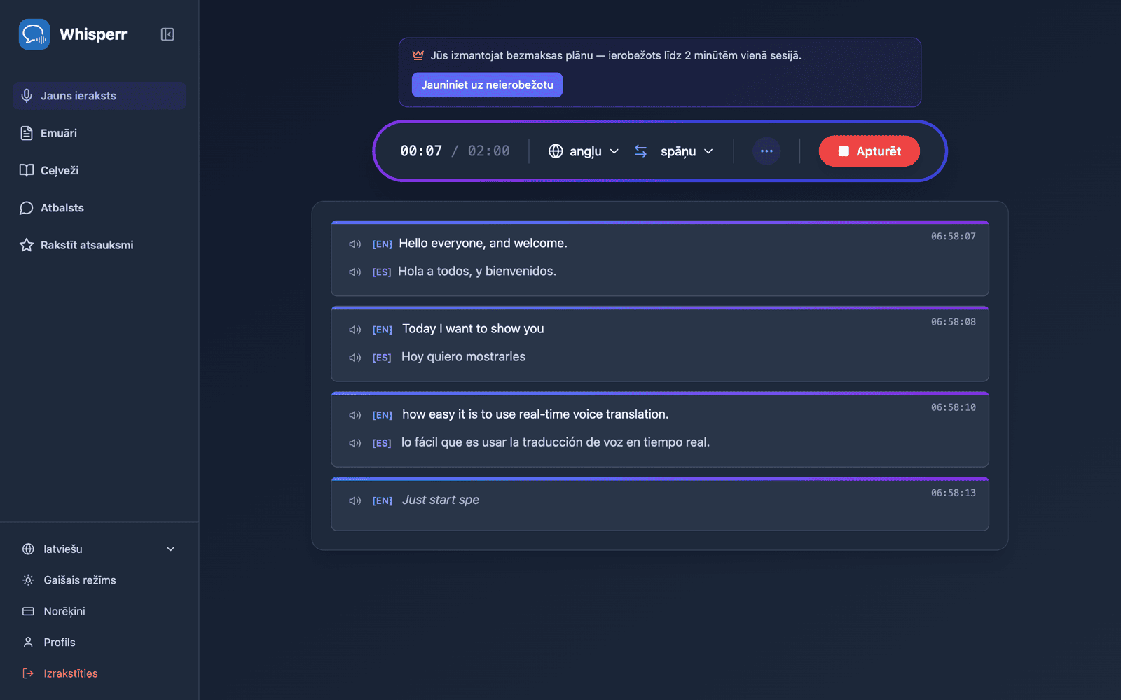 Live transcription and translation appearing on screen with Speech Mode on