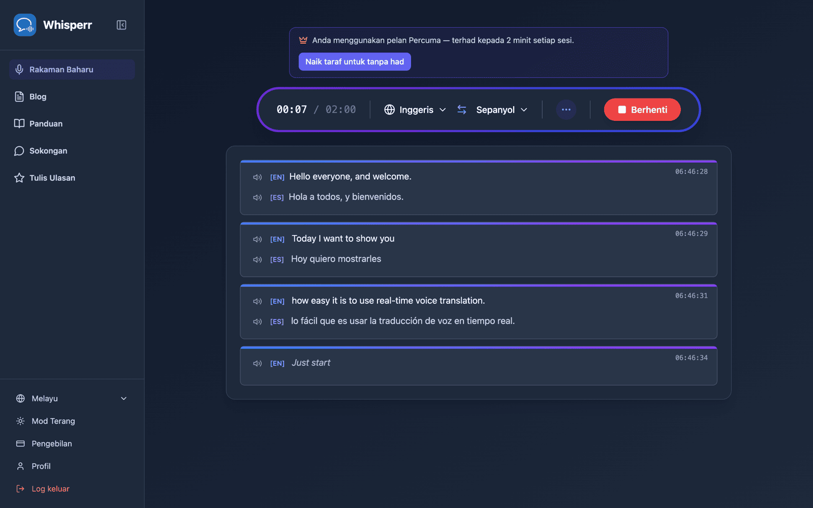 Live transcription and translation appearing on screen with Speech Mode on