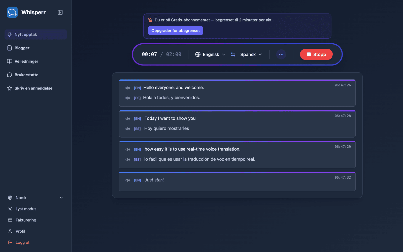 Live transcription and translation appearing on screen with Speech Mode on