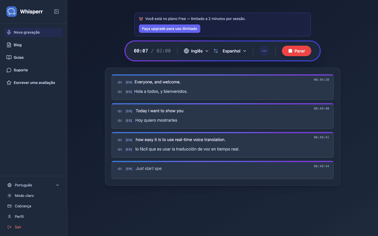 Live transcription and translation appearing on screen with Speech Mode on