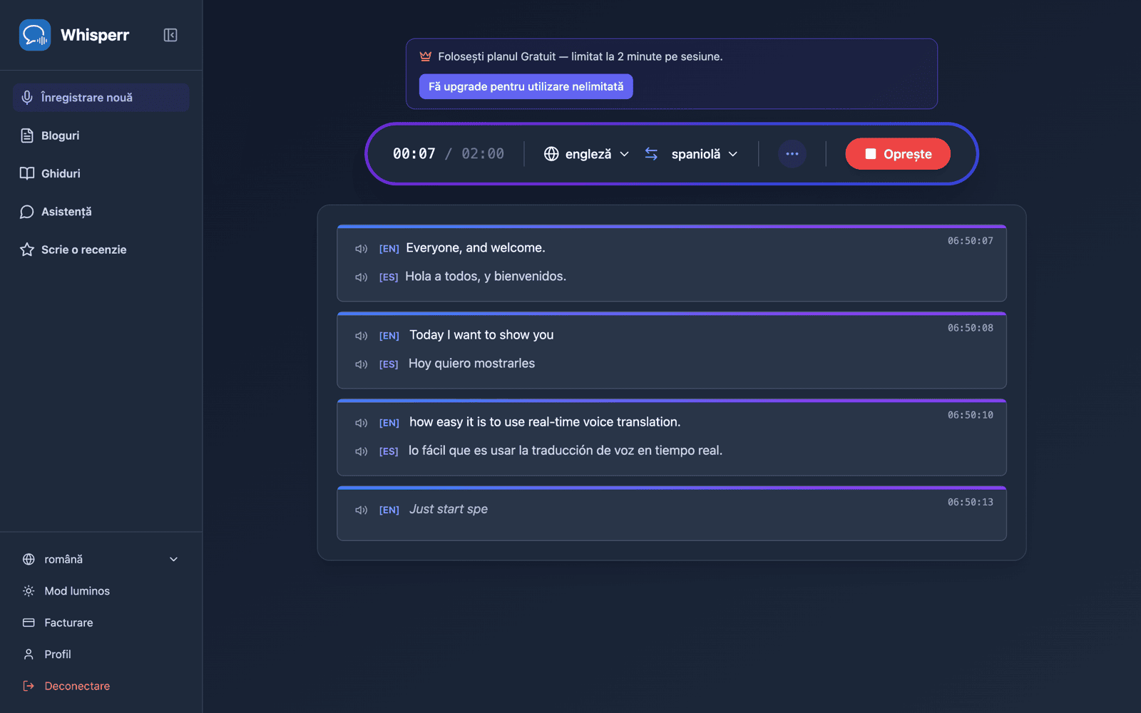 Live transcription and translation appearing on screen with Speech Mode on