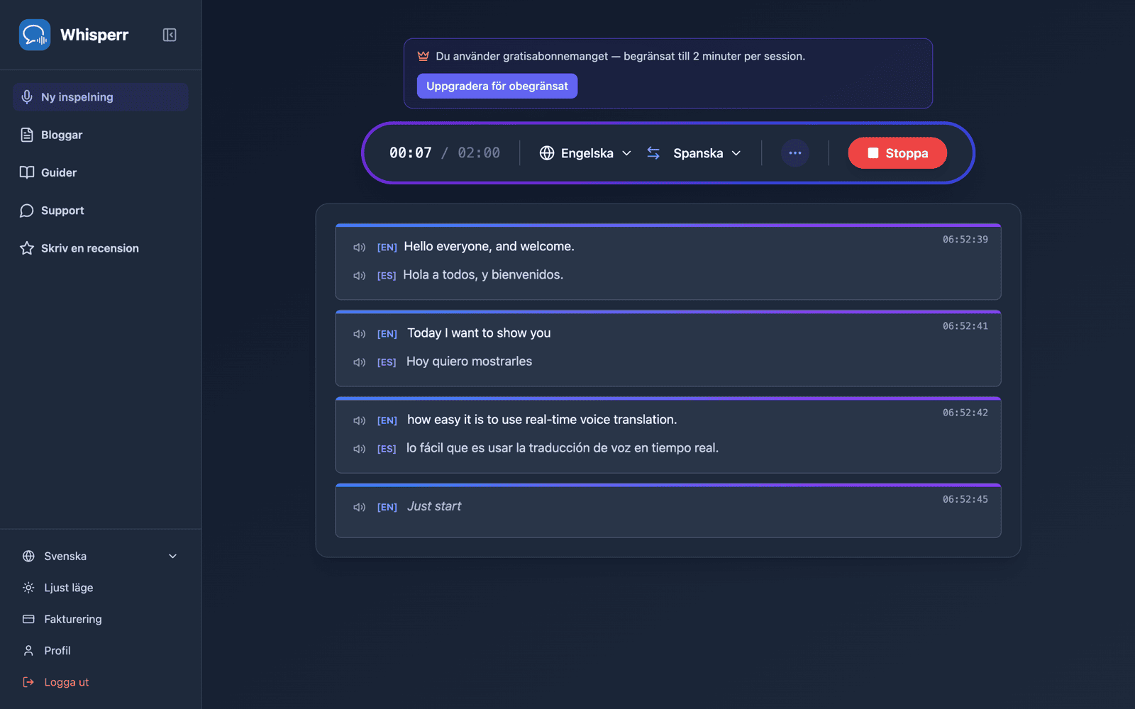 Live transcription and translation appearing on screen with Speech Mode on