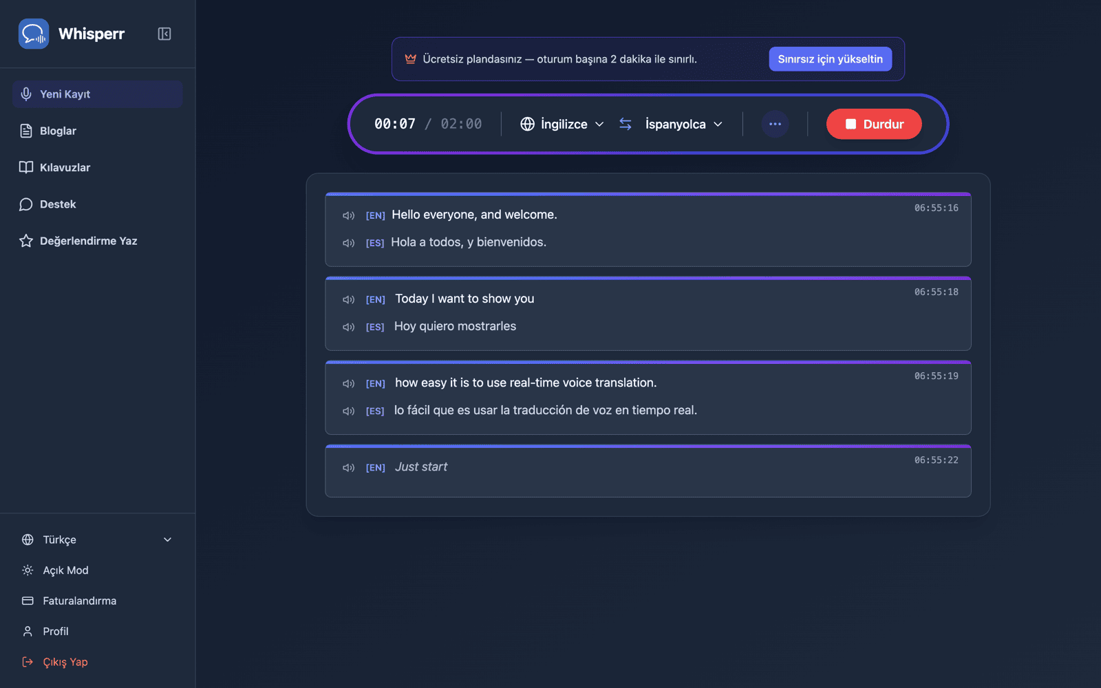 Live transcription and translation appearing on screen with Speech Mode on