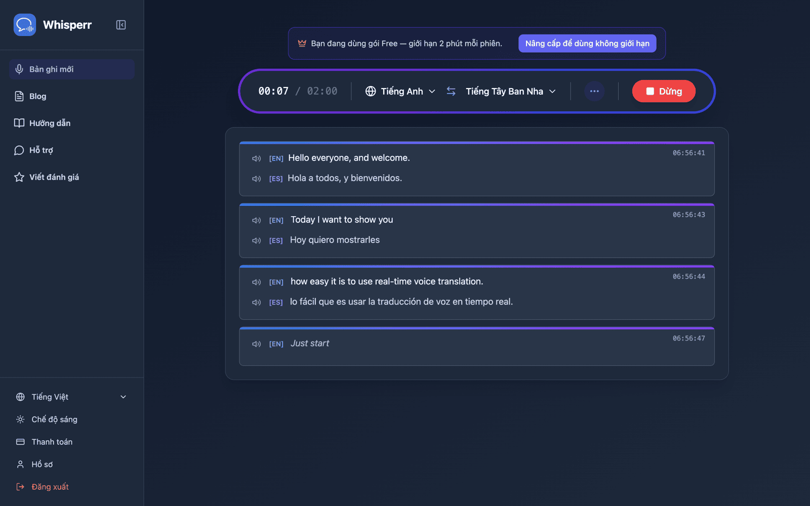 Live transcription and translation appearing on screen with Speech Mode on