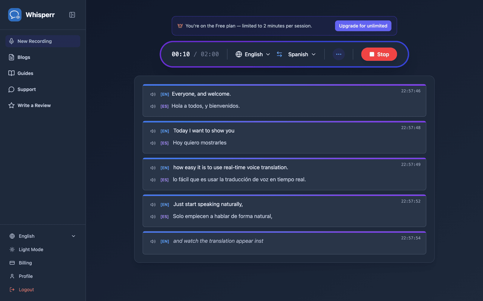 Live transcription and translation appearing on screen with Speech Mode on