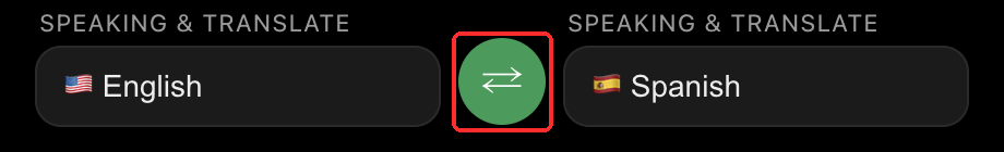 The Whisperr desktop language bar in two-way mode: both labels read Speaking and translate, and the green two-way arrow button sits highlighted between the two language pickers