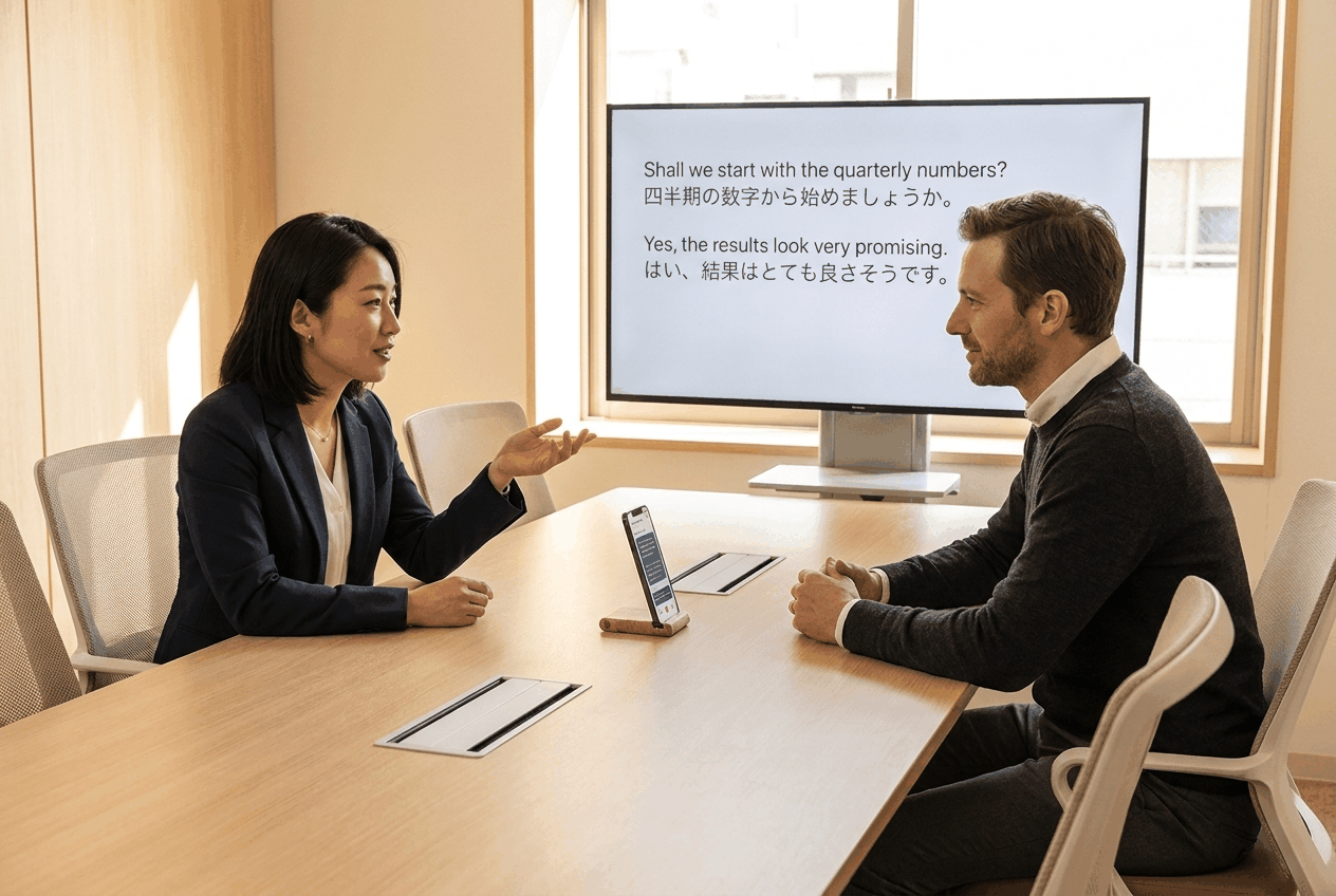 Two colleagues talking across a meeting room table with a phone standing between them, while a wall monitor behind shows each line of the conversation transcribed and translated in both languages