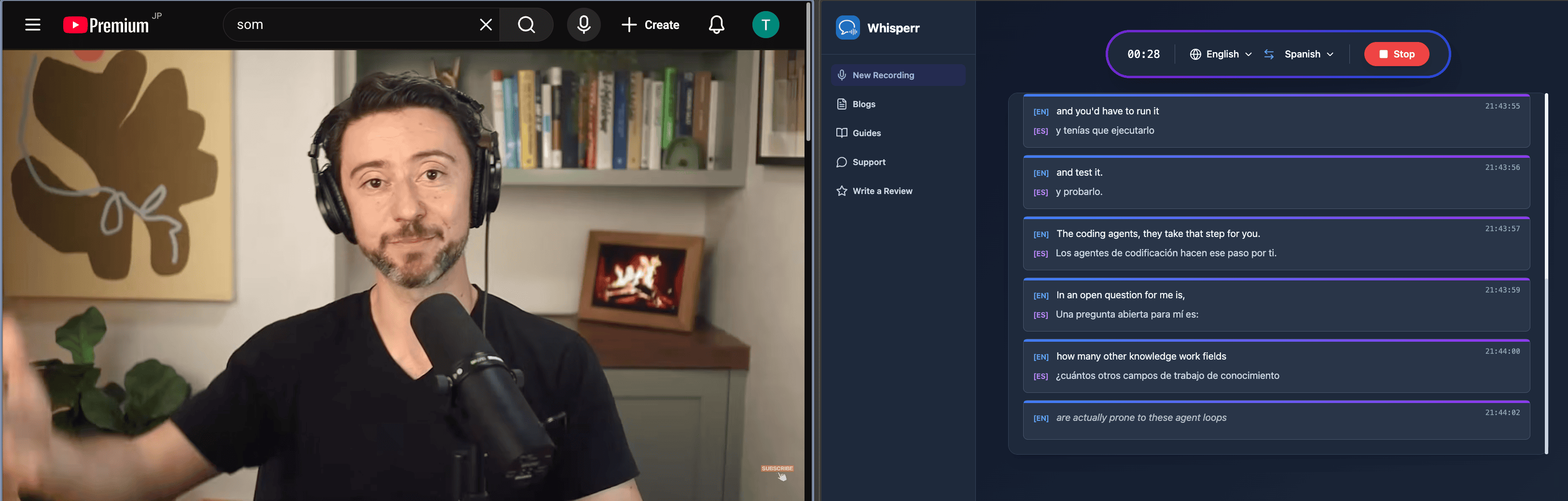 Whisperr web app showing subtitles side by side with source content