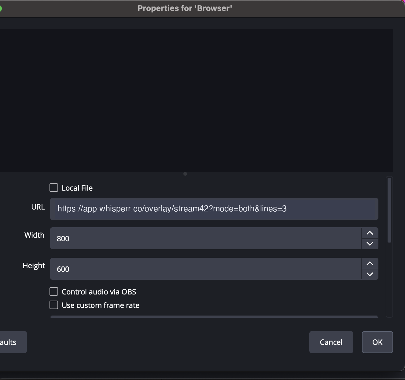 OBS Browser Source properties dialog with the Whisperr overlay URL pasted in