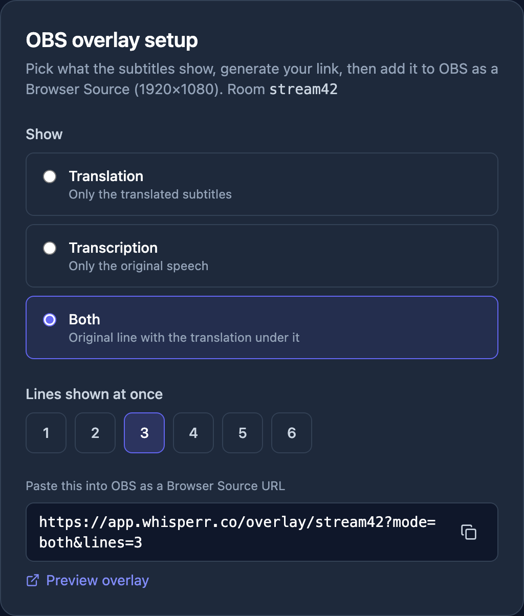 Generated OBS Browser Source URL ready to copy, with Both mode and 3 lines selected