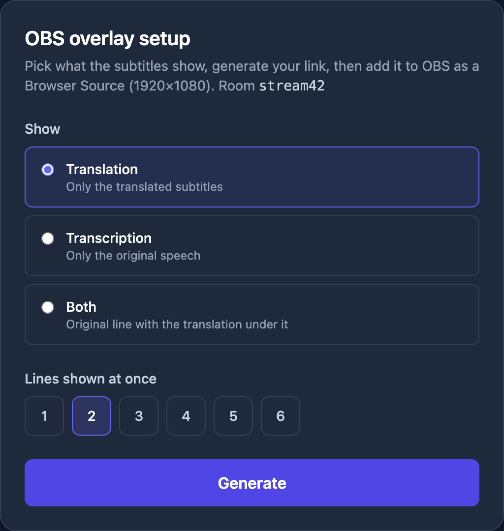 Whisperr OBS overlay setup page with options for translation, transcription, or both, and how many caption lines to show