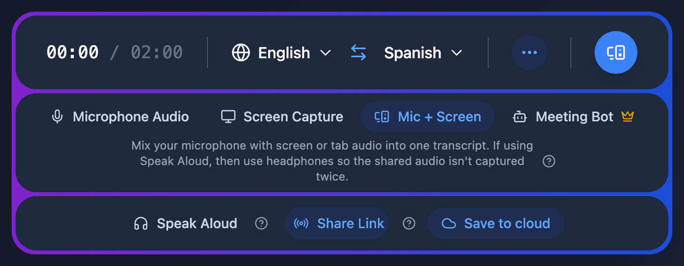 Whisperr Web App recording controls showing language selection, audio source options, and the Share Link toggle