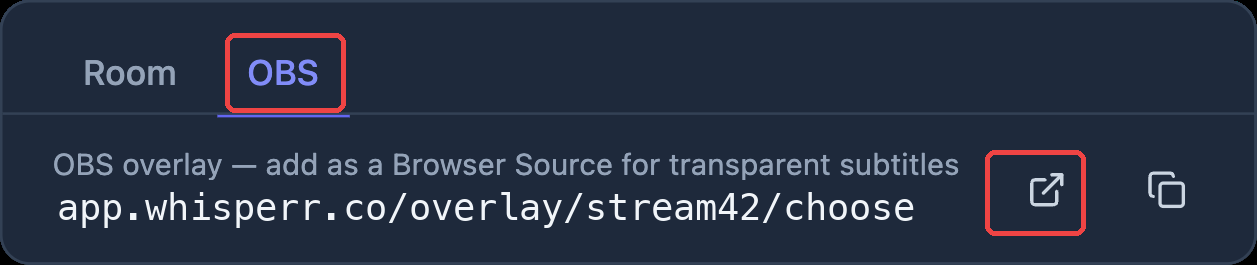Share panel OBS tab with red boxes highlighting the OBS tab and the open button next to the overlay setup link