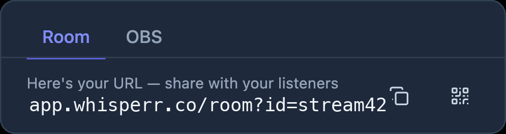 Share panel with Room and OBS tabs, showing the listener room link with copy and QR code buttons