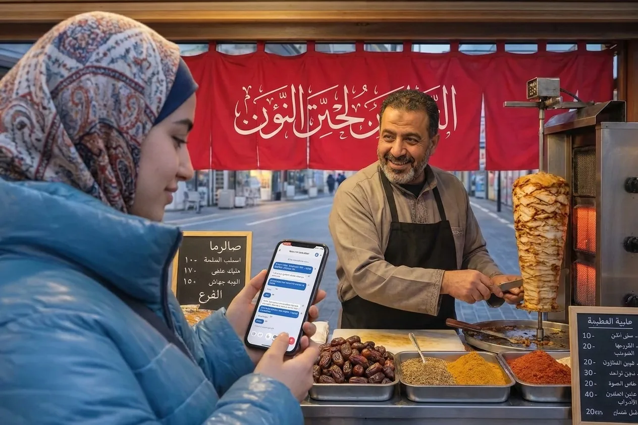 Whisperr يترجم العربية إلى الإنجليزية في الوقت الفعلي في كشك سوق — محادثة وجهًا لوجه 1