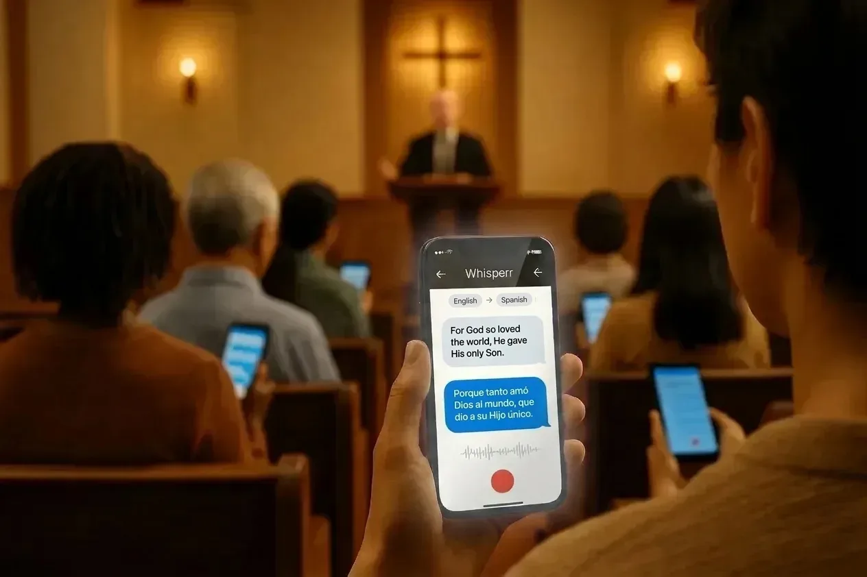 A congregation following a sermon with live translated captions on their phones 1