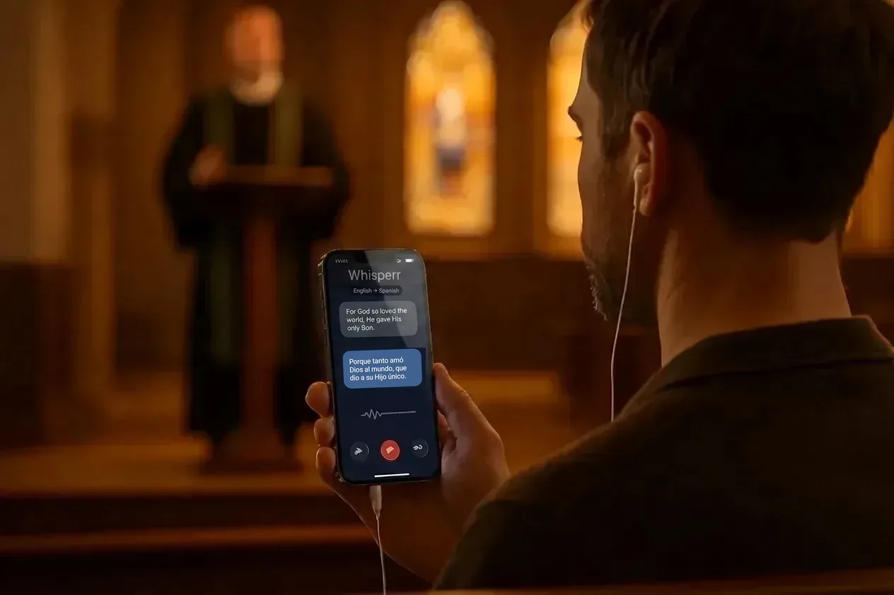 A congregation following a sermon with live translated captions on their phones 2