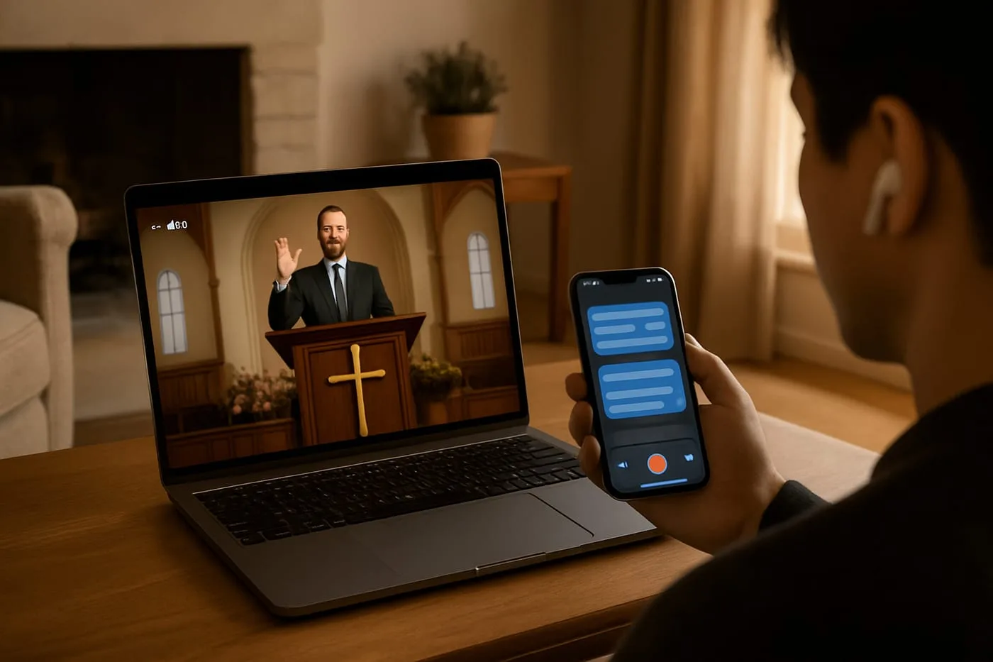 A congregation following a sermon with live translated captions on their phones 3