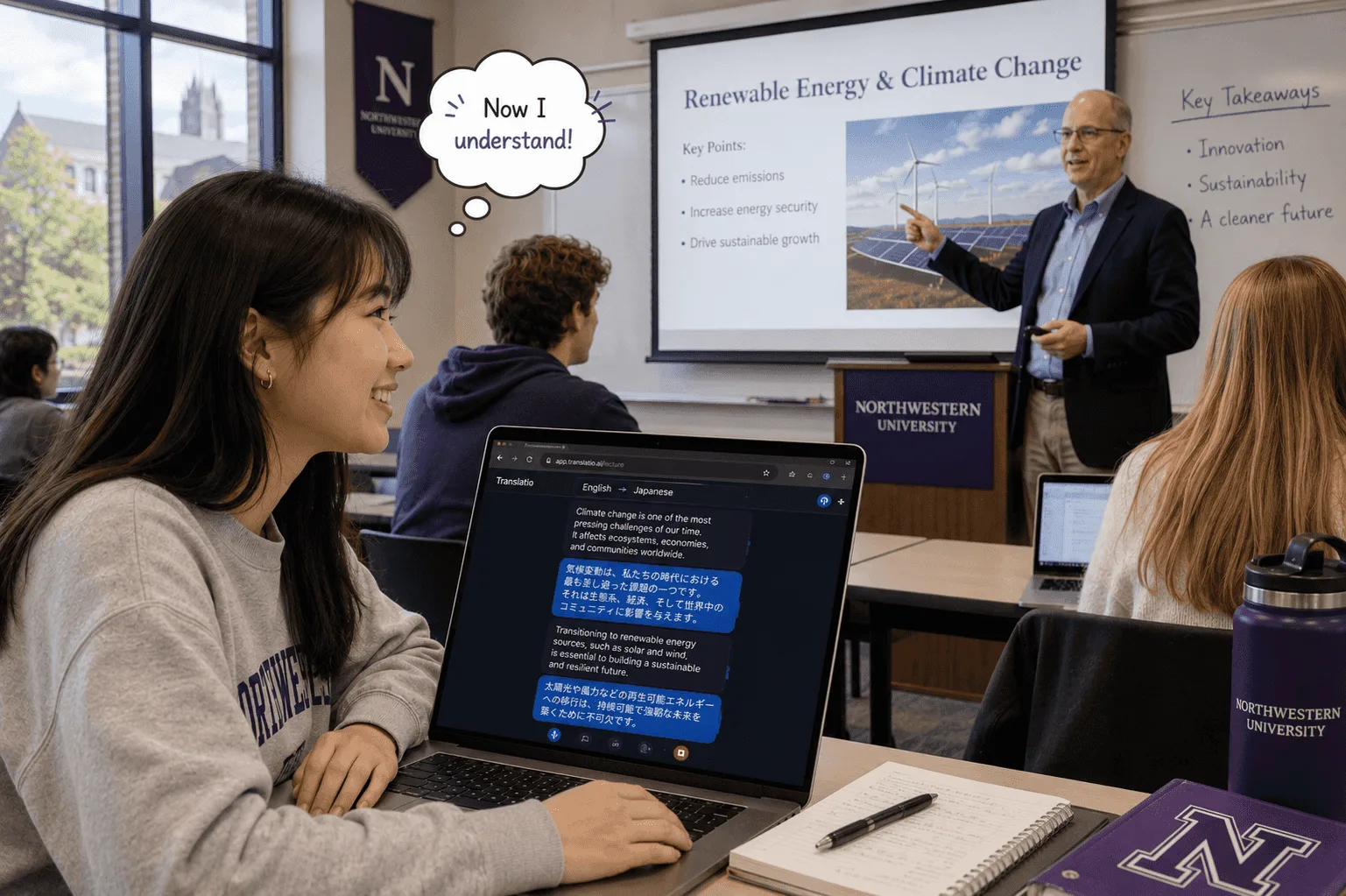 A student following a lecture with Whisperr live translated captions 1