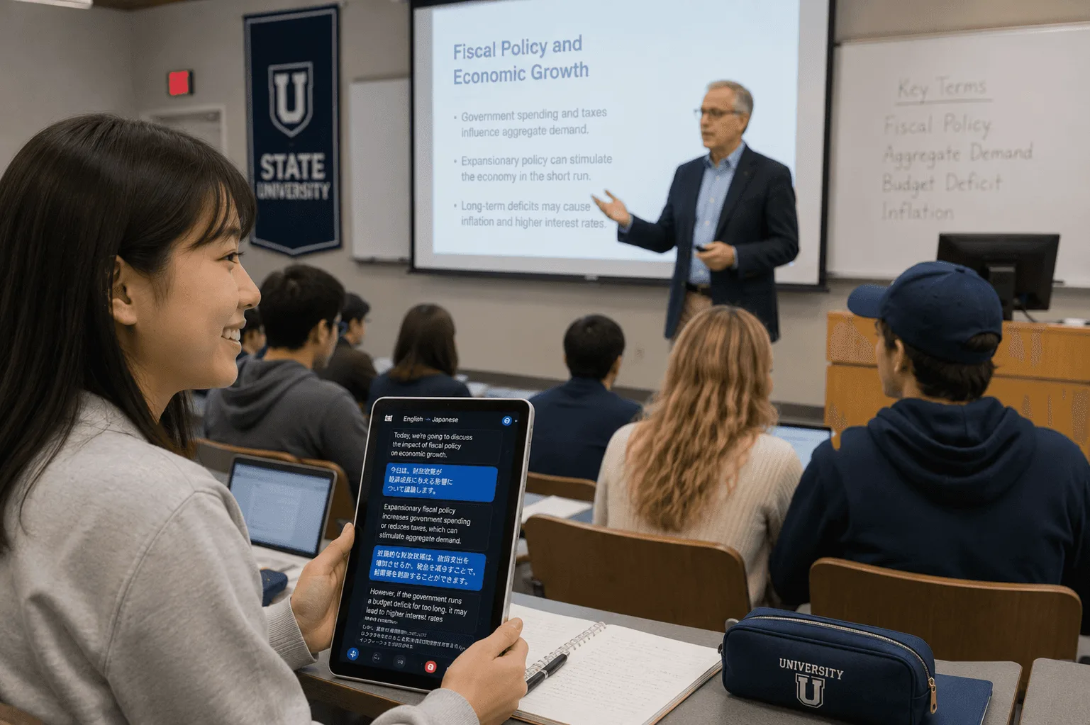 A student following a lecture with Whisperr live translated captions 2