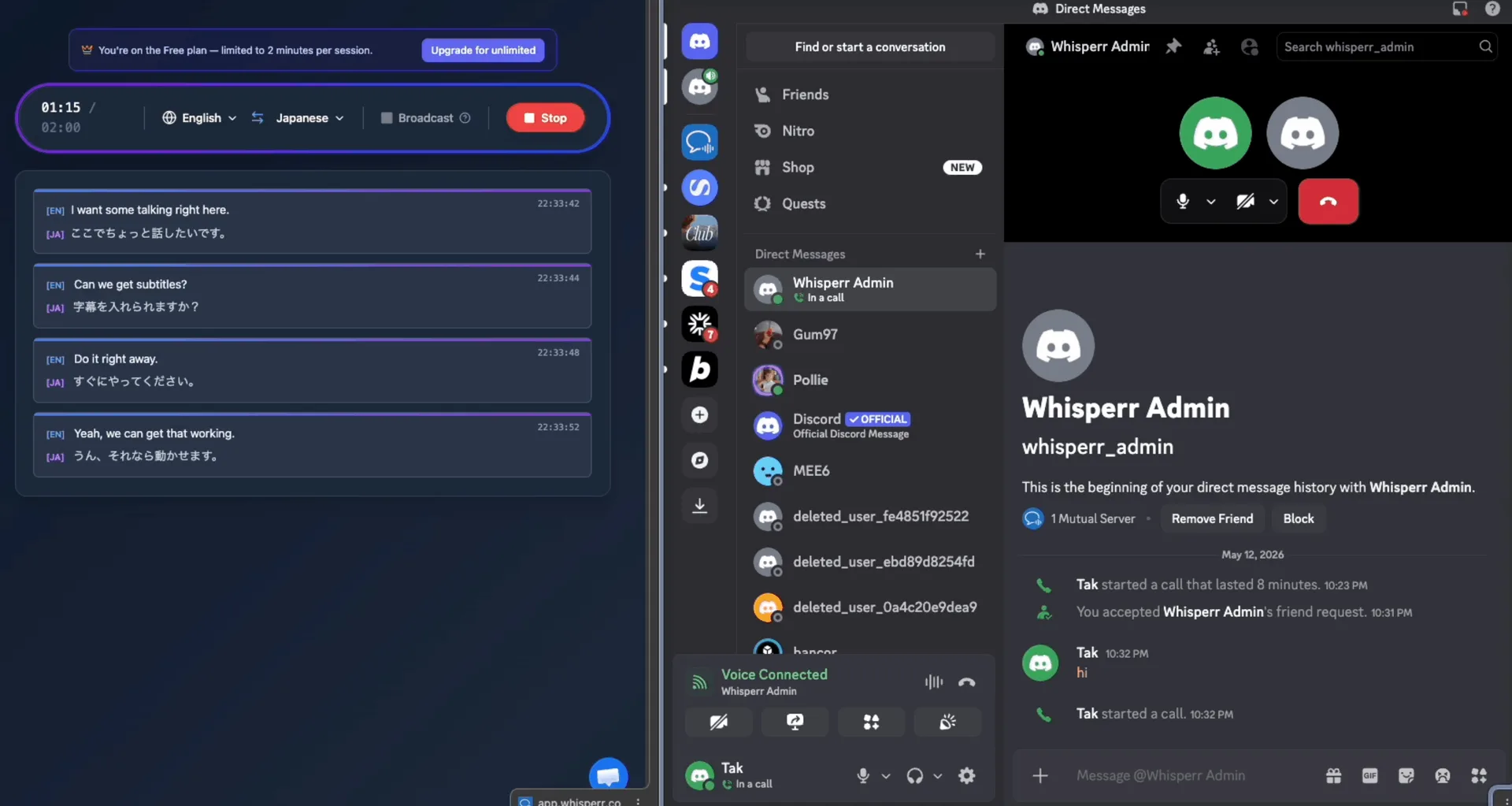 Whisperr translating a Discord voice channel in the browser 2