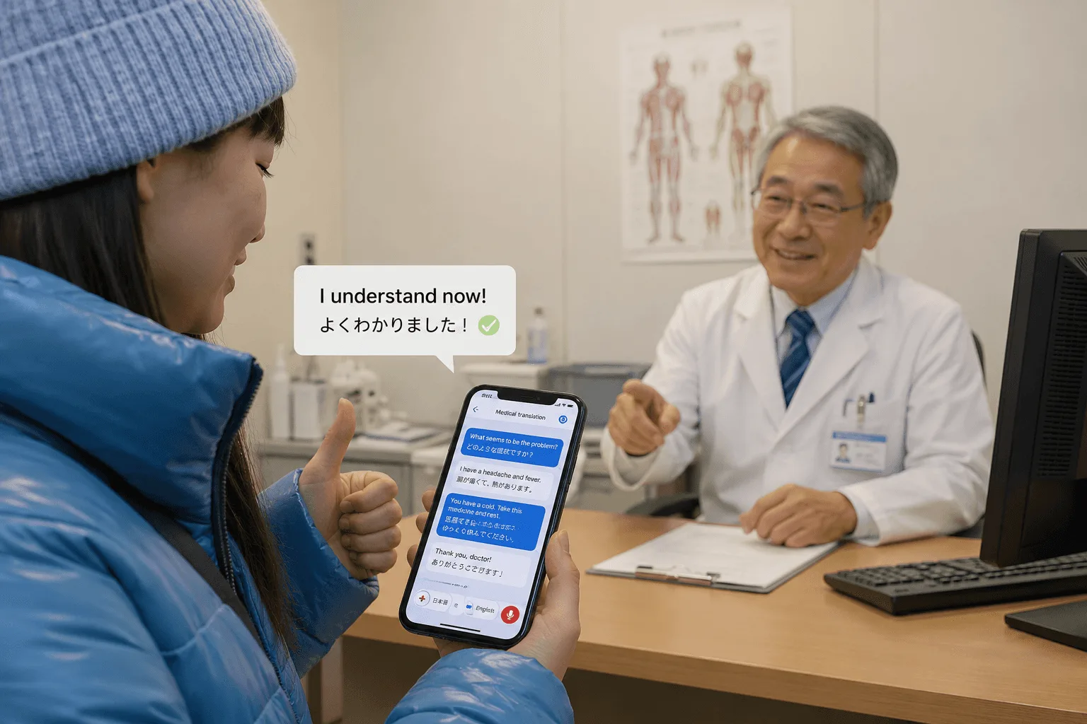 A patient using Whisperr to communicate with a doctor via live translation 1