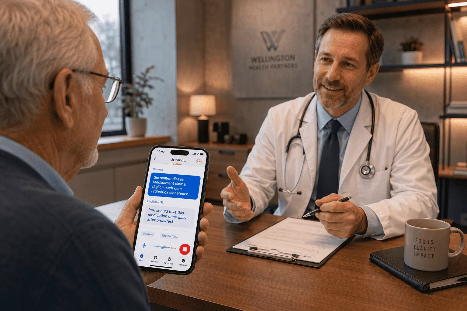 A patient using Whisperr to communicate with a doctor via live translation 2