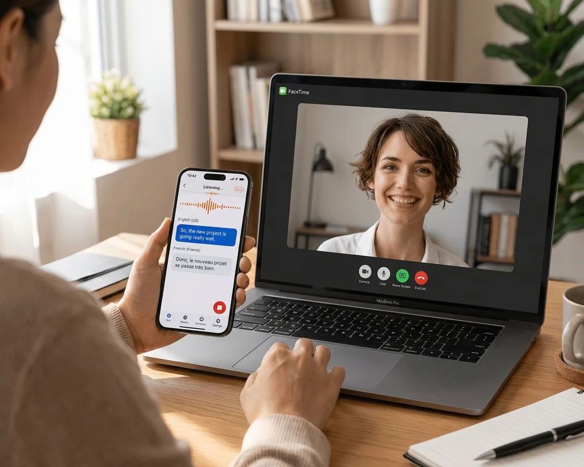 有人在 Mac 上進行 FaceTime 通話,同時 Whisperr 正在手機上即時翻譯