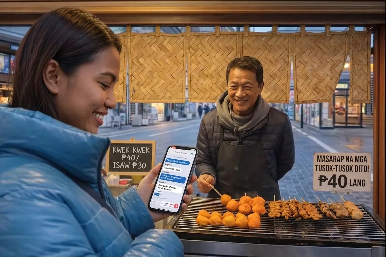 Isinasalin ng Whisperr ang Filipino sa Ingles sa real time sa isang street food stall — Harapang pag-uusap 1