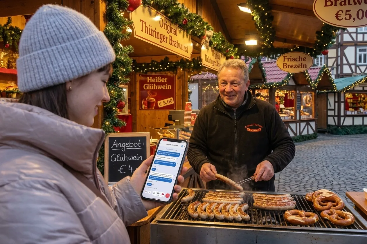 Whisperr übersetzt Deutsch nach Englisch in Echtzeit auf einem Straßenmarkt — Persönliches Gespräch 1