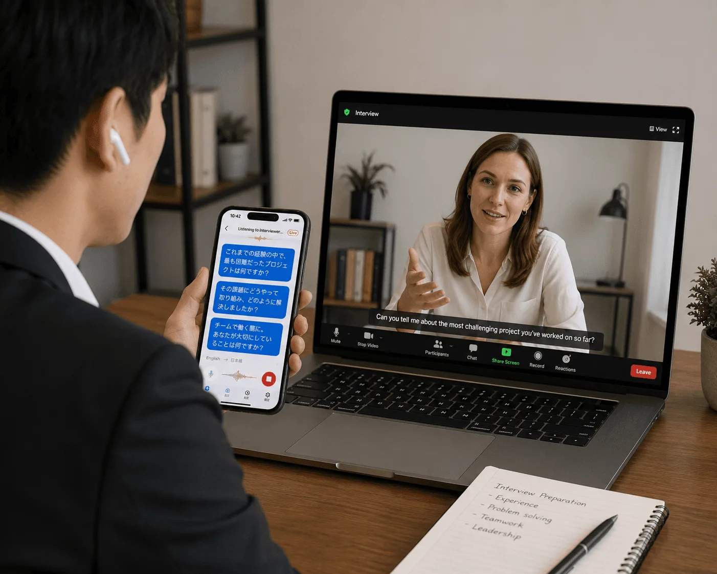 A candidate using Whisperr to follow a job interview with live translation 2