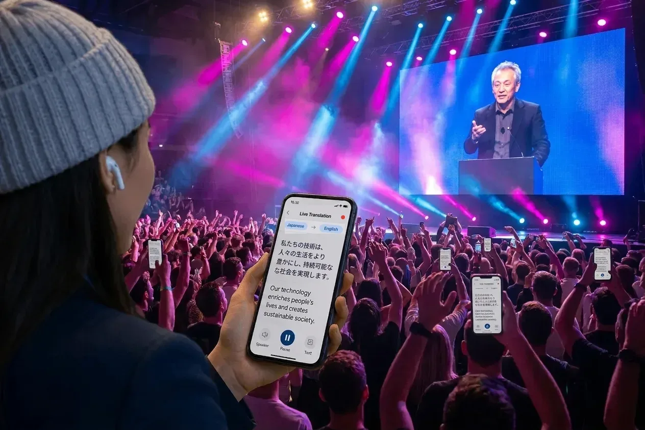 An audience following a live event with translated captions on their phones 1