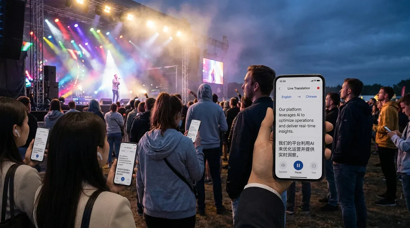 An audience following a live event with translated captions on their phones 2