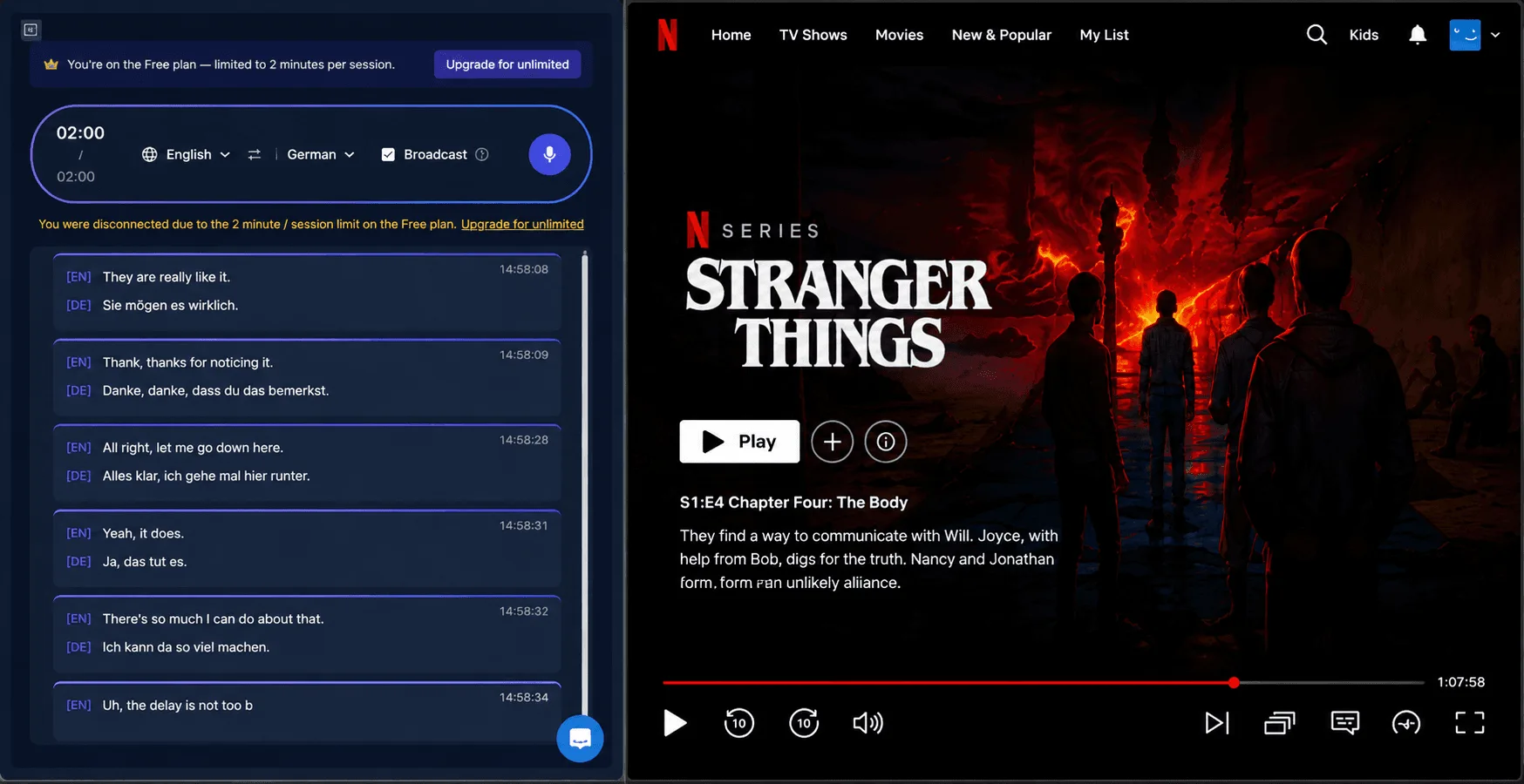 Whisperr web app translating a Netflix show in a split-screen browser tab