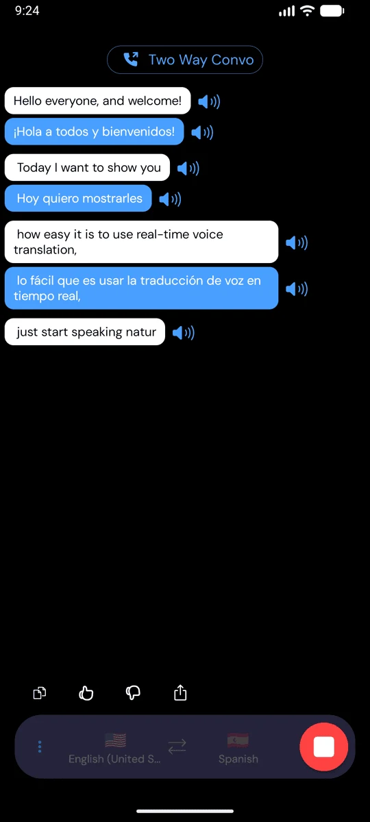 Two Way Convo മോഡിലുള്ള Whisperr ആപ്പ്, പറഞ്ഞ ഓരോ വരിയുടെയും താഴെ അതിന്റെ വിവർത്തനം കാണിക്കുന്നു