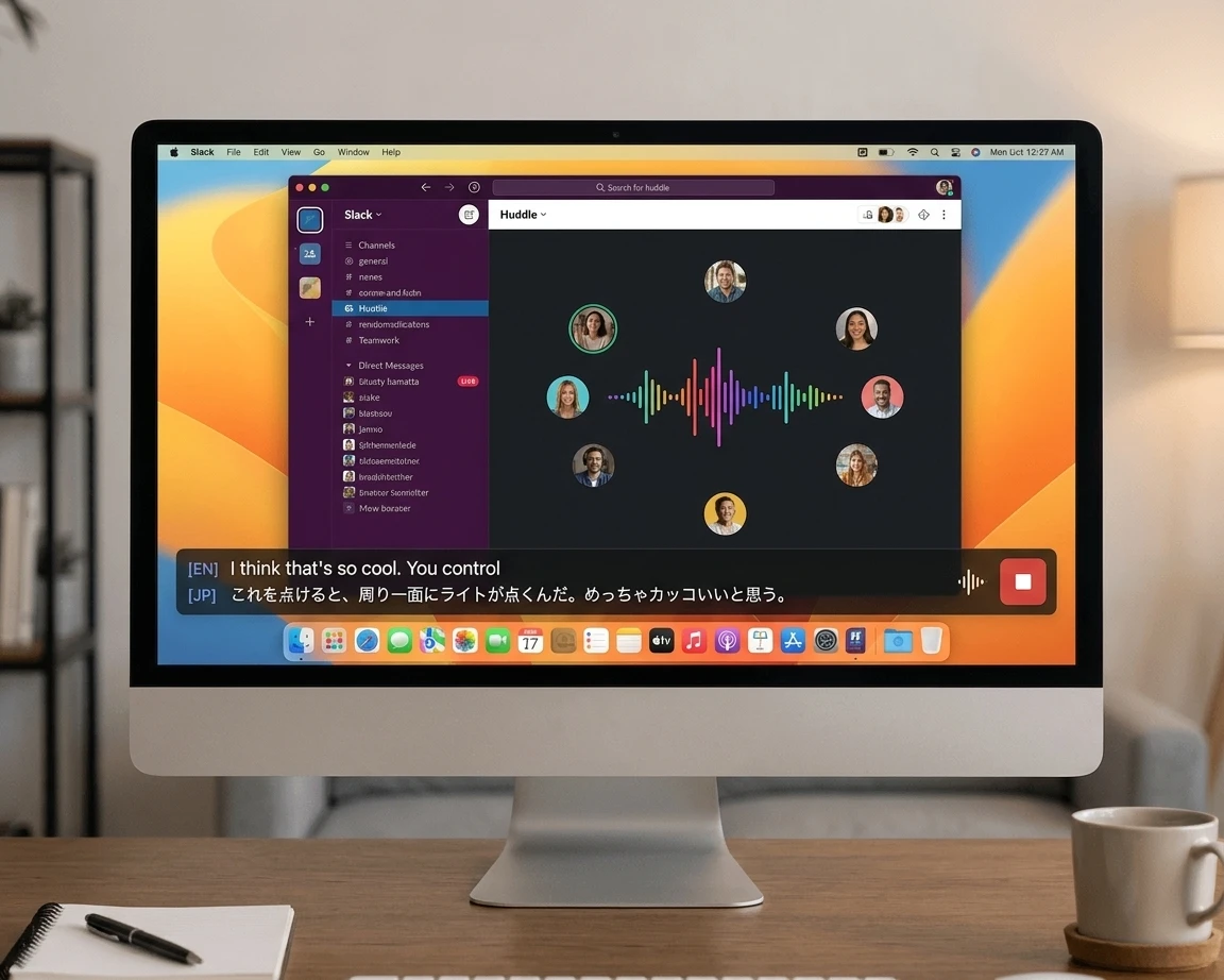 在桌上型電腦上運作的 Slack Huddle,Whisperr 的懸浮字幕在螢幕底部即時翻譯對話