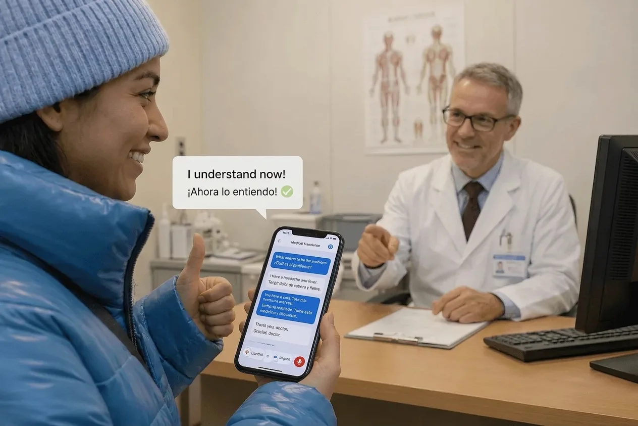 Whisperr translating Spanish to English in real time on a split screen — Face-to-face conversation 3