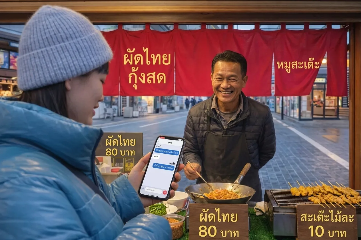 Whisperr กำลังแปลภาษาไทยเป็นภาษาอังกฤษแบบเรียลไทม์ที่ร้านอาหารริมทาง — การสนทนาแบบตัวต่อตัว 1