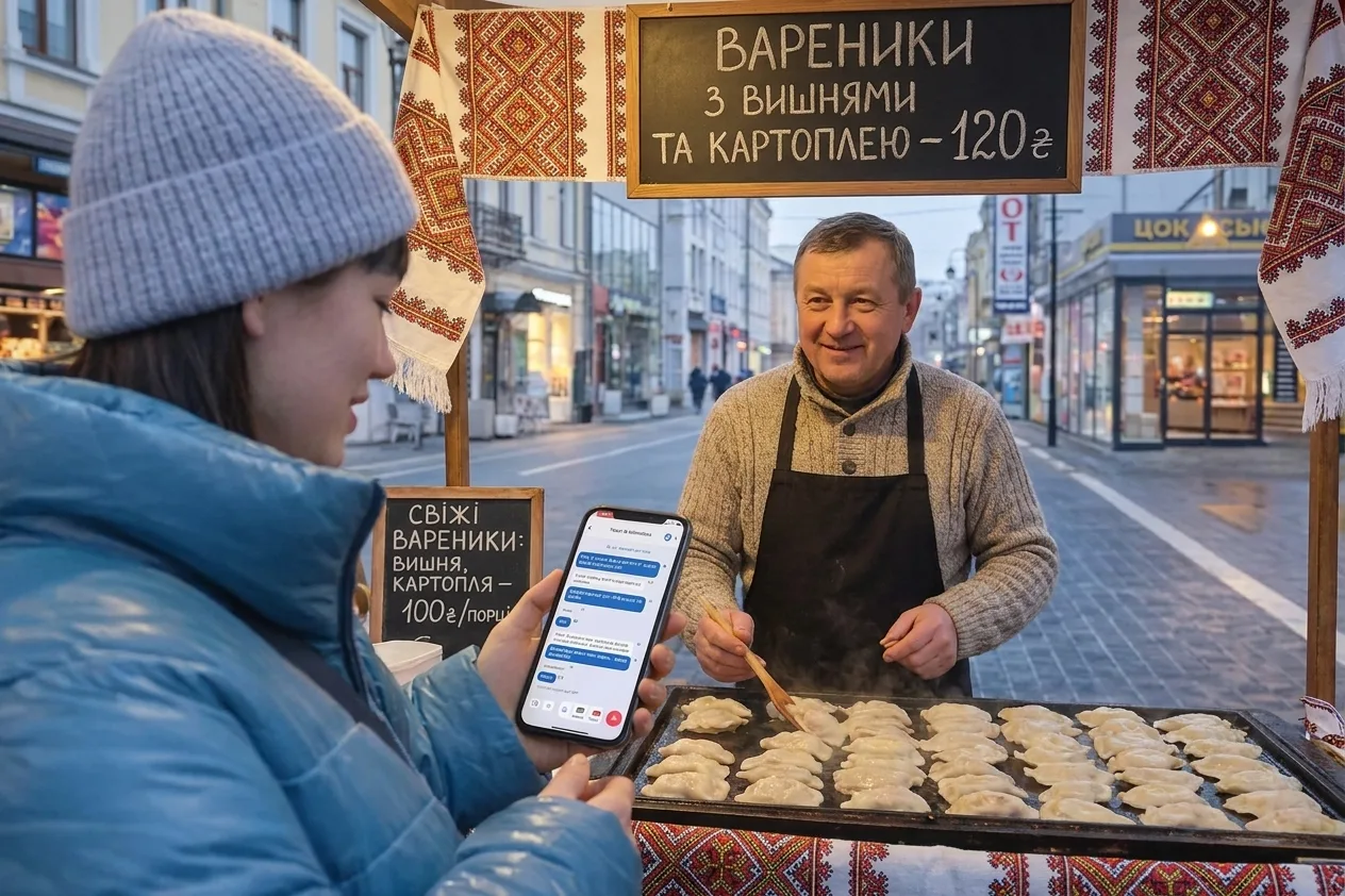 Whisperr перекладає з української на англійську в реальному часі на ринковому прилавку — Розмова віч-на-віч 1