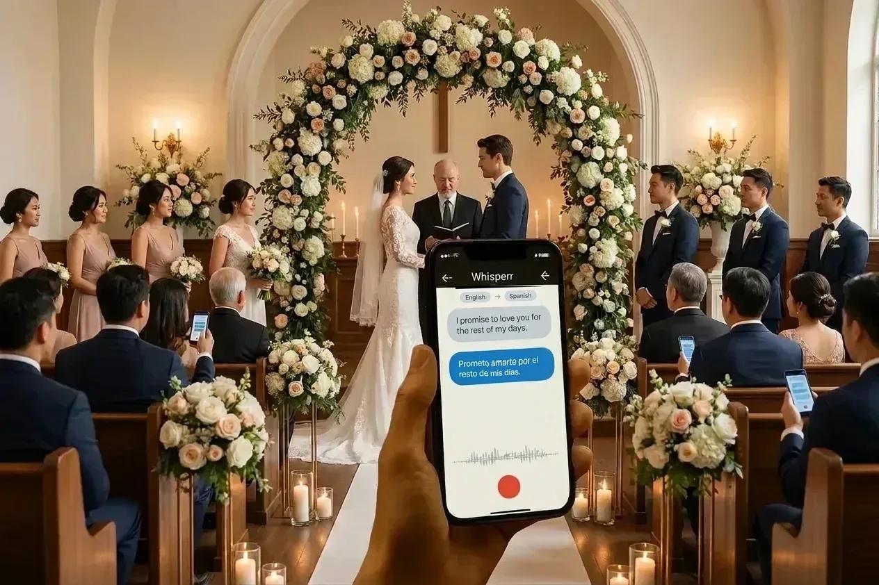 Wedding guests following the ceremony with live translated captions on their phones 1