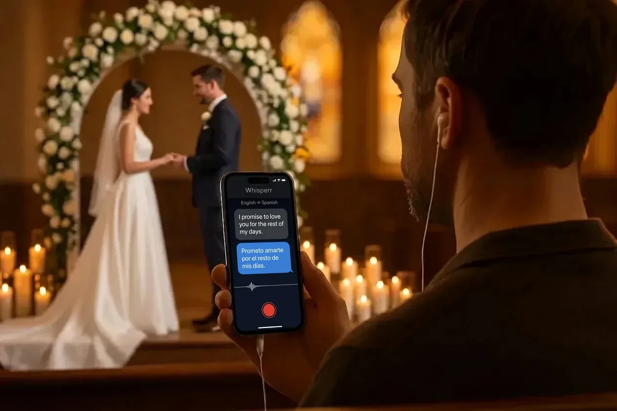 Wedding guests following the ceremony with live translated captions on their phones 2