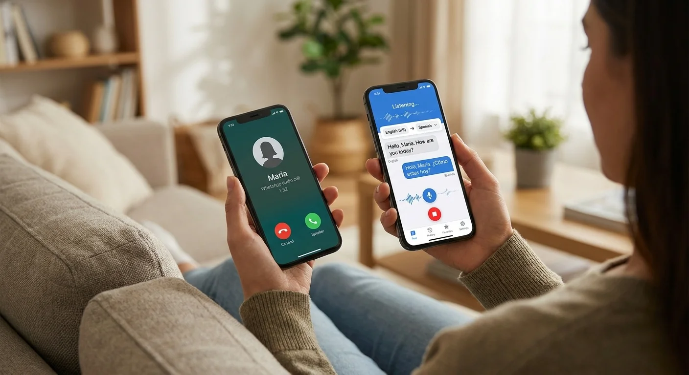 兩支手機並排放置:一支正在進行 WhatsApp 通話,另一支顯示 Whisperr 正在即時翻譯該通話